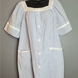 Vermont Country Store Blue & White Striped Short Sleeve Button Front House Dress